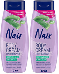 Nair Body Cream Hair Remover, Soothing Aloe and Water Lily, Dermatologist Tested Body Hair Removal Cream, with Evolved Ingredients, 12 Oz (Pack of 2)