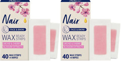 Nair Hair Remover Wax Ready Strips, Face and Bikini Hair Removal Wax Strips, Orchid and Cherry Blossom Extracts, Dermatologist Tested, Plus 4 Non-Flushable Post Wipes, 40 Count (Pack of 2)
