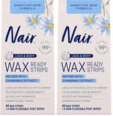 Nair Sensitive Hair Remover Mess-Free Wax Ready Strips, Legs and Body Easy Hair Removal Wax Strips for Sensitive Skin, Chamomile Extract, Dermatologist Tested, Plus 6 Post Wipes, 40 Count (Pack of 2)