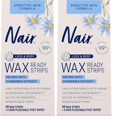 Nair Sensitive Hair Remover Mess-Free Wax Ready Strips, Legs and Body Easy Hair Removal Wax Strips for Sensitive Skin, Chamomile Extract, Dermatologist Tested, Plus 6 Post Wipes, 40 Count (Pack of 2)