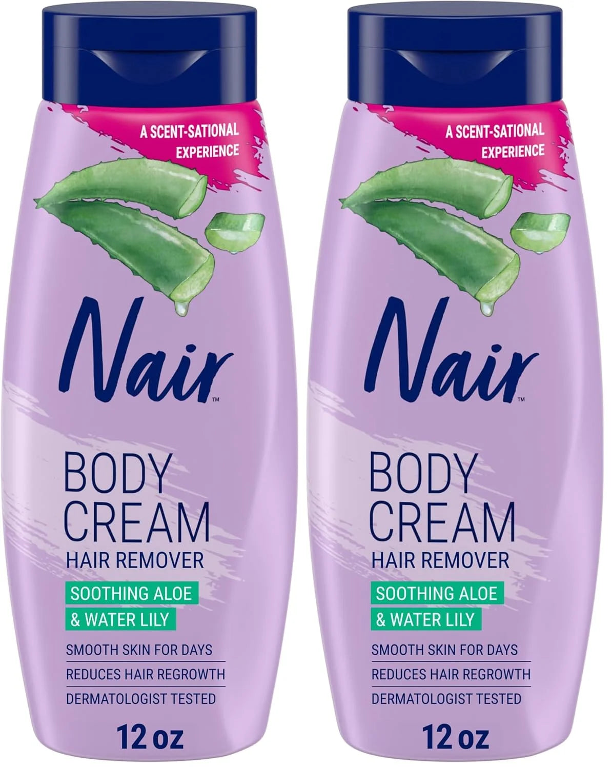 Nair Body Cream Hair Remover, Soothing Aloe and Water Lily, Dermatologist Tested Body Hair Removal Cream, with Evolved Ingredients, 12 Oz (Pack of 2)