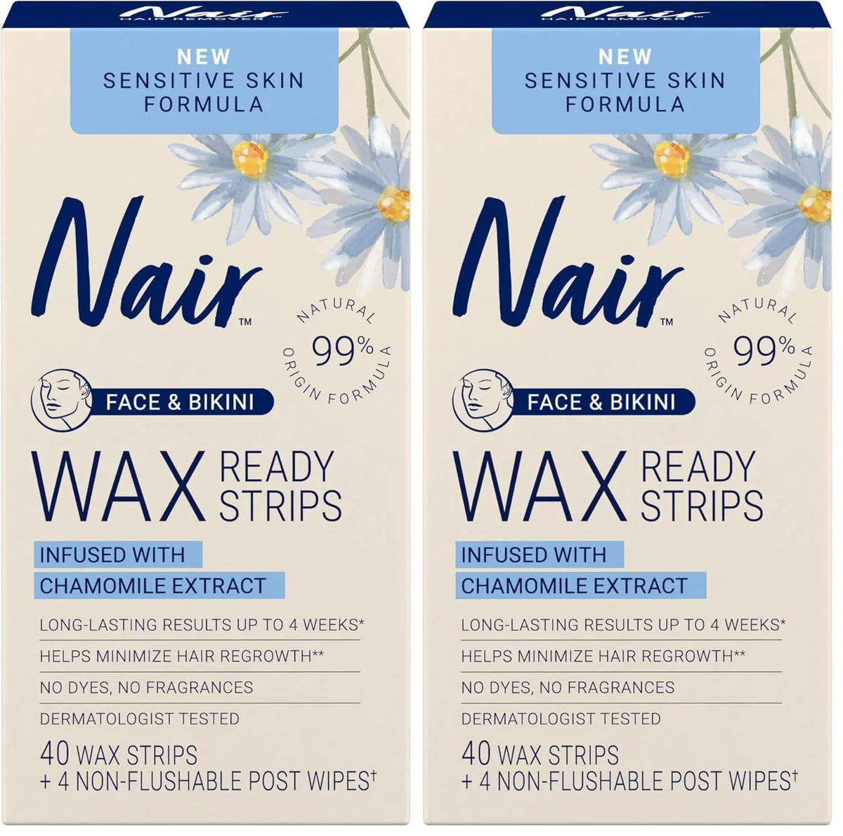 Nair Sensitive Hair Remover Wax Ready Strips, Face and Bikini Hair Removal Wax Strips, 40 Count (Pack of 2)