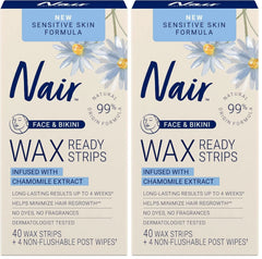 Nair Sensitive Hair Remover Wax Ready Strips, Face and Bikini Hair Removal Wax Strips, 40 Count (Pack of 2)