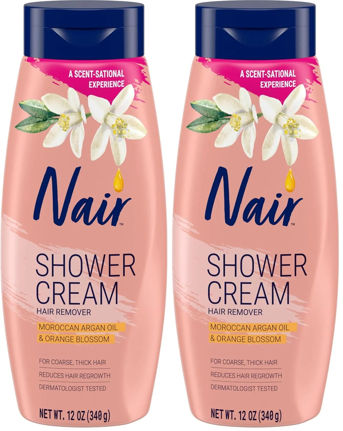 Nair Shower Cream Hair Remover with Moroccan Argan Oil and Orange Blossom, Body Hair Removal Cream for Women, 12 oz (Pack of 2)