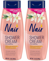 Nair Shower Cream Hair Remover with Moroccan Argan Oil and Orange Blossom, Body Hair Removal Cream for Women, 12 oz (Pack of 2)