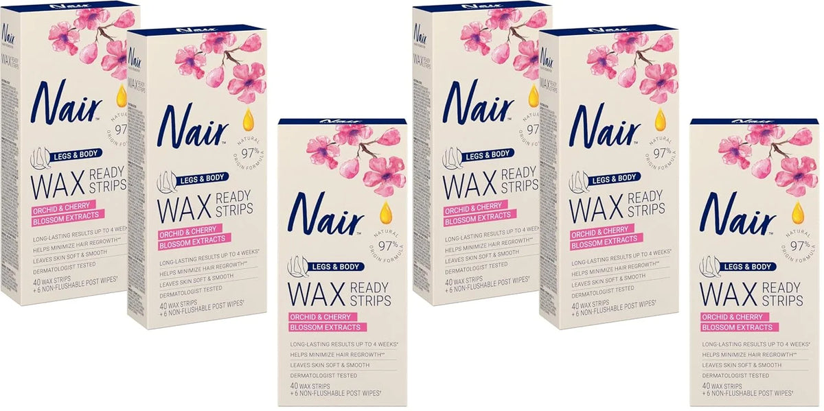 Nair Hair Remover Wax Ready Strips for Legs & Body, No Mess Waxing Kit for Hair Removal, 6-pack Wax Strips, 40ct Each Wax Kit