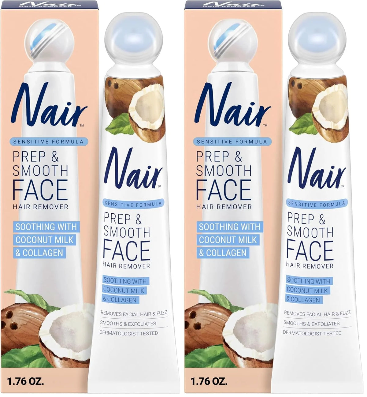 NAIR Exfoliating Facial Hair Removal Cream for Women - Smooth Skin Solution with Collagen for Sensitive Skincare, (Pack of 2)