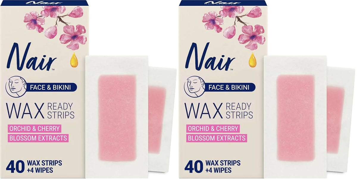Nair Hair Remover Wax Ready Strips, Face and Bikini Hair Removal Wax Strips, Orchid and Cherry Blossom Extracts, Dermatologist Tested, Plus 4 Non-Flushable Post Wipes, 40 Count (Pack of 2)