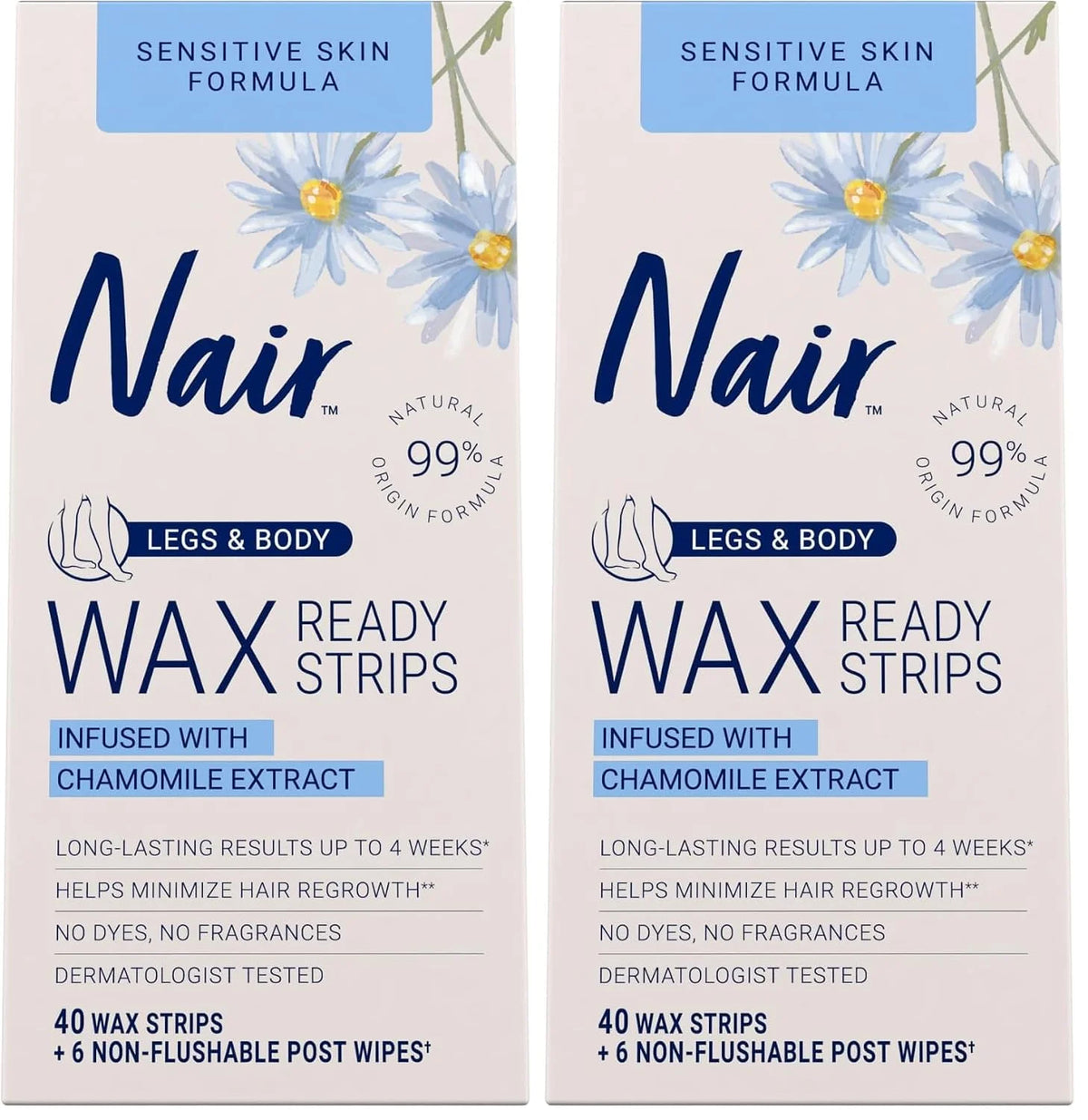 Nair Sensitive Hair Remover Mess-Free Wax Ready Strips, Legs and Body Easy Hair Removal Wax Strips for Sensitive Skin, Chamomile Extract, Dermatologist Tested, Plus 6 Post Wipes, 40 Count (Pack of 2)