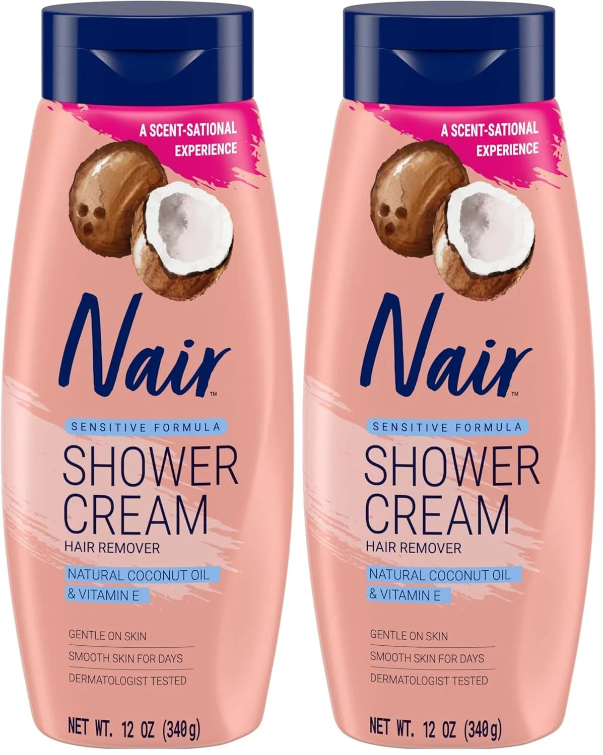 Nair Sensitive Shower Cream Hair Remover with Natural Coconut Oil and Vitamin E, Body Hair Removal Cream, 12 oz (Pack of 2)