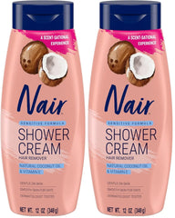 Nair Sensitive Shower Cream Hair Remover with Natural Coconut Oil and Vitamin E, Body Hair Removal Cream, 12 oz (Pack of 2)